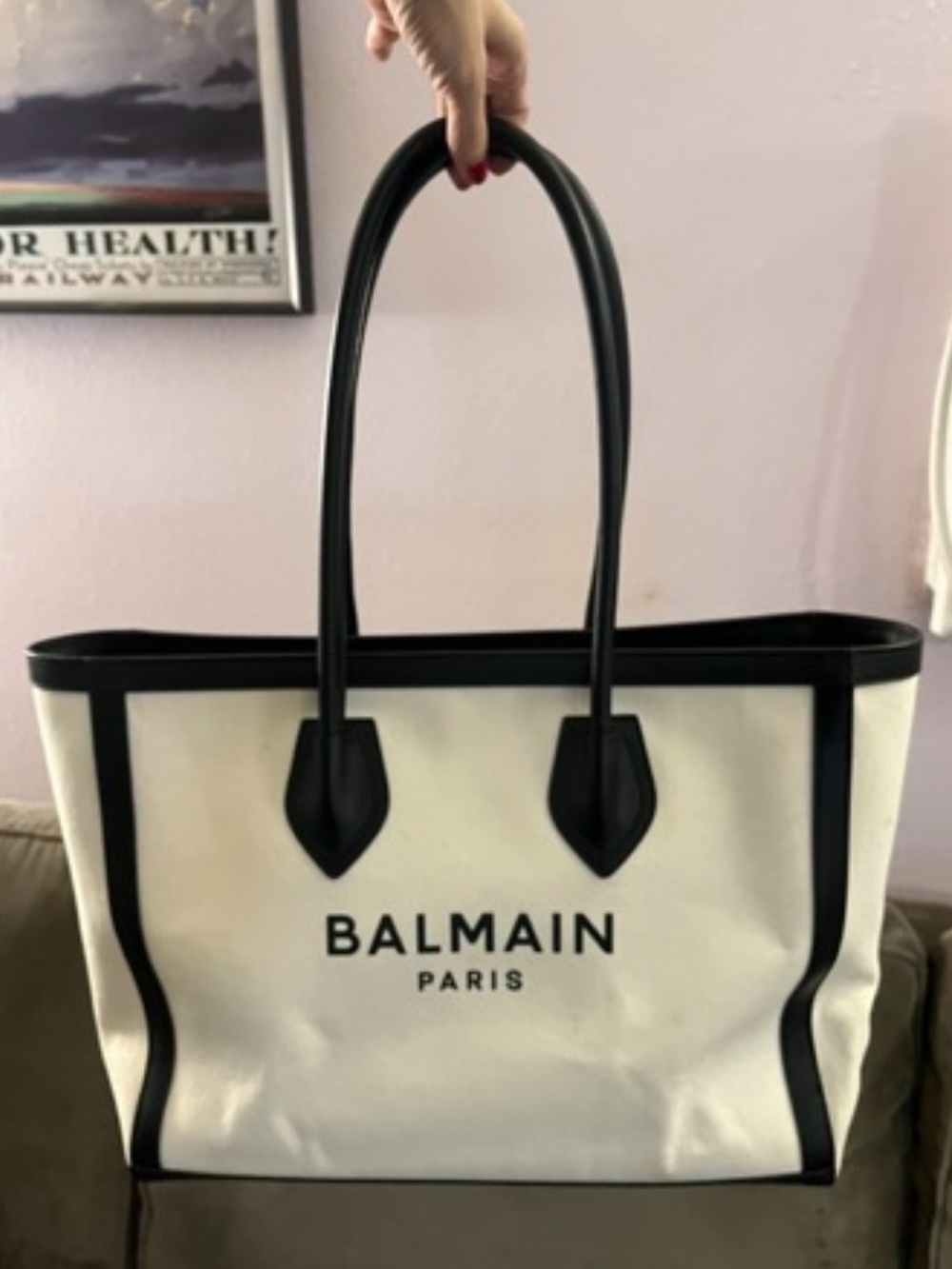 BALMAIN Paris B-Army 42 Canvas & Leather Tote Bag White Black - EUC